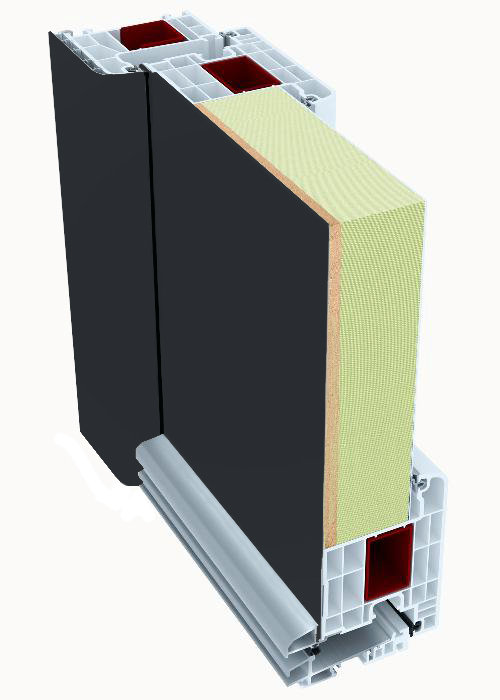 A-08 üveges (Satina), 110x210 cm, alumínium borításos bejárati ajtó, balos, befele nyíló, kívül antracit